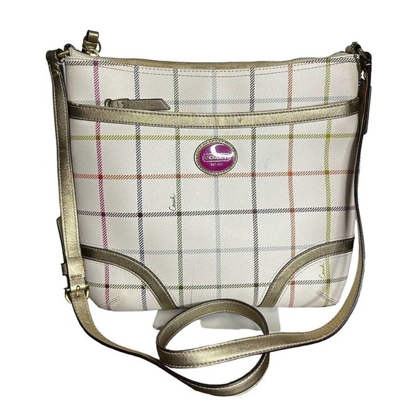 COACH Gold Plaid Peyton Tattersall File Coated Canvas Crossbody - Picture 1 of 13